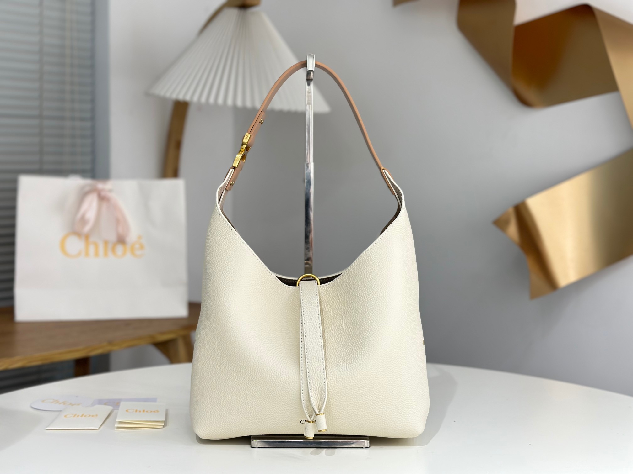 Chloe Small Marcie Hobo Bag In White Grained Leather